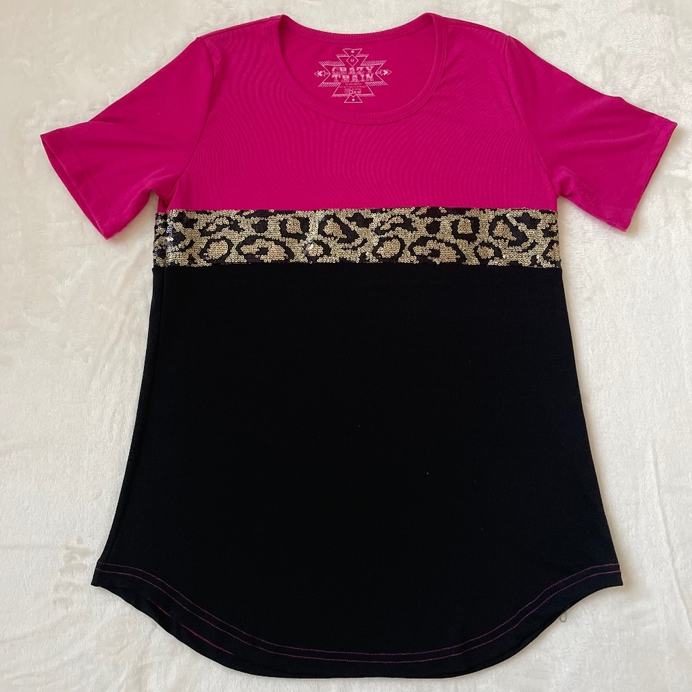 Medium Crazy Train Hot Pink Leopard Color Block Top